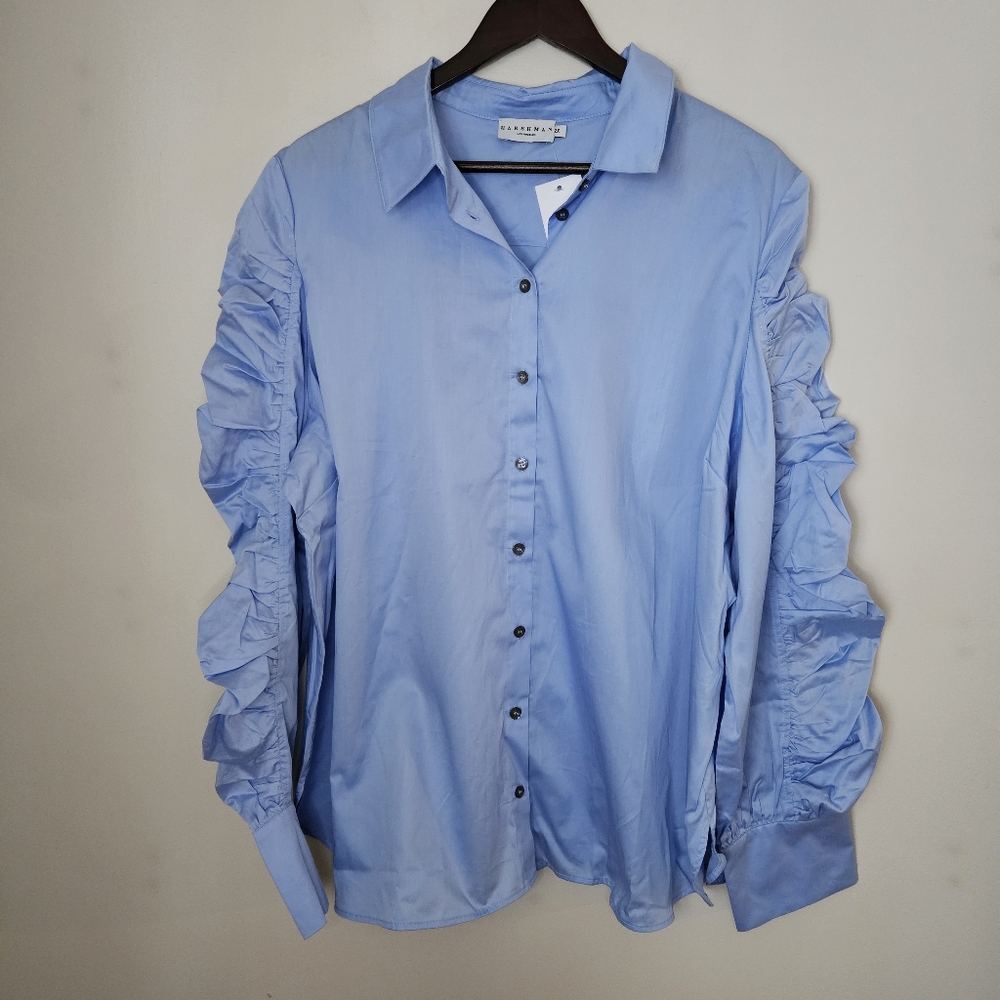 Harshman Blouse Juliana Light Blue Ruffled Sleeve Button-Up Shirt Cotton Classic - Picture 13 of 13